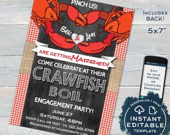 Crawfish Boil Invitation, Editable Crawfish Engagement Party Grill Pinch Us Lobster Bake Married Wedding Print Personalized INSTANT ACCESS