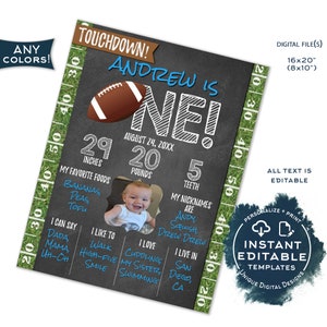 Editable Baby Milestone Board 1st Birthday, Sports First Birthday Sign Decoration, 1st Year Down Football Birthday Printable INSTANT UBFT