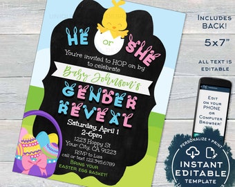 Easter Gender Reveal Invitation, Editable Easter Baby Shower, He or She Egg Hunt Happy Easter Personalized Custom Printable INSTANT ACCESS