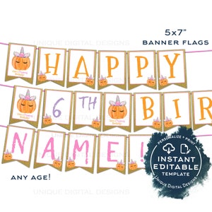 Unicorn Pumpkin Birthday Banner, Editable Bunting Flags, Girls Halloween Birthday Party, Magical Digital Template Printable, Any Age INSTANT