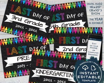 First day of School Chalkboard Sign, Editable reusable Last day School Board Crayon Any Grade Tags Digital Printable Template INSTANT ACCESS