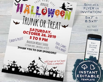 Trunk or Treat Flyer, Editable Halloween Invitation Template Kid Church Community School Halloween Fundraiser Event Printable INSTANT ACCESS