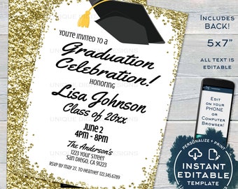 May include: A gold glitter background with a white overlay. The overlay has a black graduation cap with a yellow tassel. The text reads "You're invited to a Graduation Celebration! Honoring Lisa Johnson Class of 20xx June 2 4PM - 8PM The Anderson's 1223 Your Street San Diego, CA 91223 RSVP by May 27, to Heather 122.345.6789".
