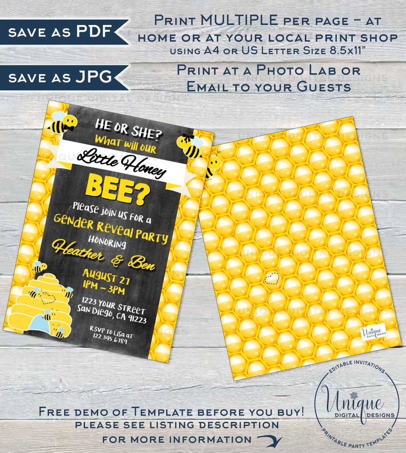 Editable What Will Baby Bee Gender Reveal Invitation, Honey Bee He or ...