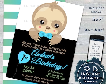 Sloth Birthday Invitation, Editable Boys Sloth Birthday Party Invite, Slow Down Baby Sloth, ANY Age, Printable Template INSTANT ACCESS 5x7