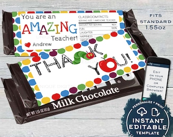 Teacher Appreciation Gift, Editable Candy Bar Wrapper, Teacher Thank You, Chocolate Bar Caterpillar Apple Printable INSTANT ACCESS 1.55oz