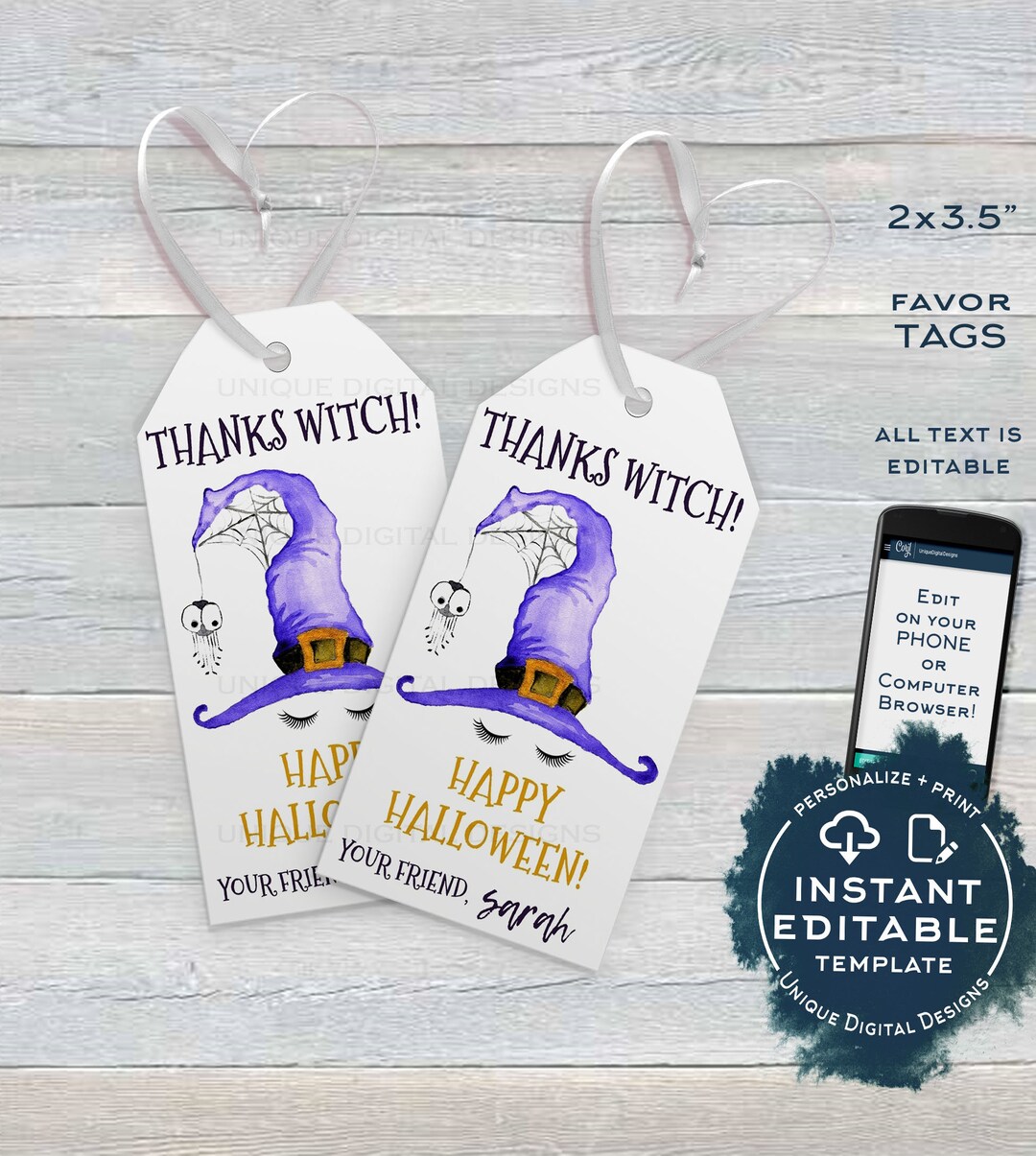 Editable Halloween Favor Tags, Thanks Witch Personalized Halloween Tags ...