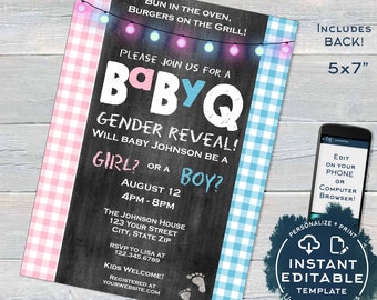 BabyQ Gender Reveal Invitation, Editable He or She BBQ, Pink or Blue Baby Shower Party, Gingham Printable Chalkboard Custom INSTANT ACCESS