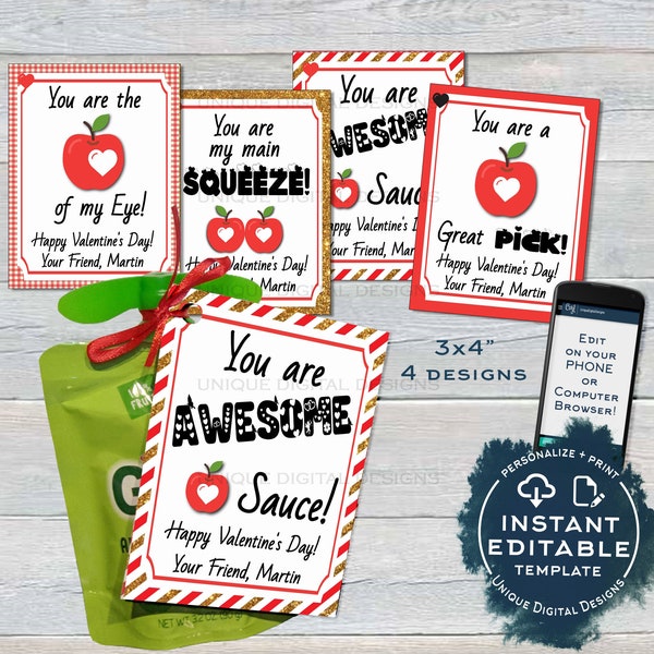 Applesauce Valentine Label Pouch Tag, Editable Valentine's Gifts for School Teacher, Personalized Digital Printable Custom INSTANT ACCESS