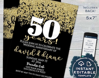 50 year Anniversary Invitation, Fiftieth Golden Wedding Anniversary, Editable 50th Surprise Party Invite Printable Template INSTANT ACCESS
