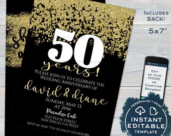 50 year Anniversary Invitation, Fiftieth Golden Wedding Anniversary, Editable 50th Surprise Party Invite Printable Template INSTANT ACCESS