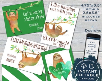 Sloth Valentine Card, Kids Editable Valentines Day Sloth Classroom, I like you a Sloth Favor Tags Printable Custom Template INSTANT ACCESS