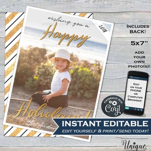 Tarjeta navideña editable con foto, plantilla de tarjeta navideña con foto imprimible, tarjetas navideñas con foto de felicitación, dorado y negro, ACCESO INSTANTÁNEO, 5 x 7