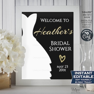 Bridal Shower Welcome Sign, Black Gold Wedding Sign, Bridal Shower Poster, Glitter Decoration Printable Template INSTANT EDITABLE 16x20 8x10