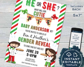 Pizza Party Gender Reveal Invitation, Editable He or She Cutie Pie Pizza Invite, What will Baby be Italian Custom Printable INSTANT ACCESS