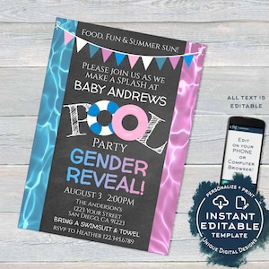 Editable Pool Party Gender Reveal Invitation, He or She Summer Pool Party, What will Baby Be Baby Shower Printable Template INSTANT ACCESS