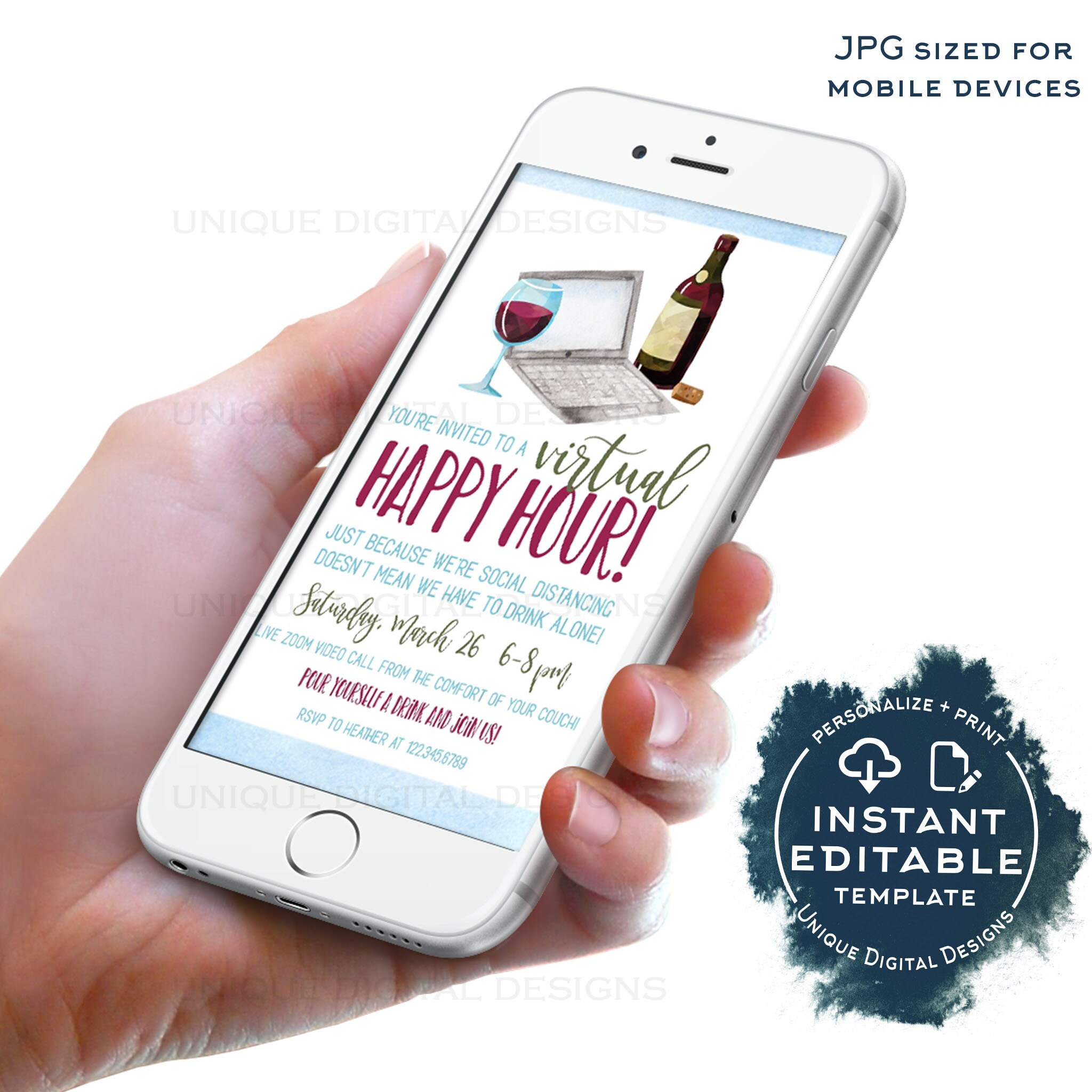 Social Distancing Virtual Happy Hour Invitation, Editable.