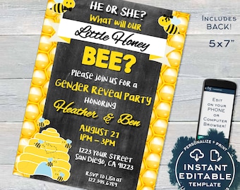 Editable What will Baby Bee Gender Reveal Invitation, Honey Bee He or She Baby Shower Party, diy Digital Printable Chalkboard INSTANT ACCESS