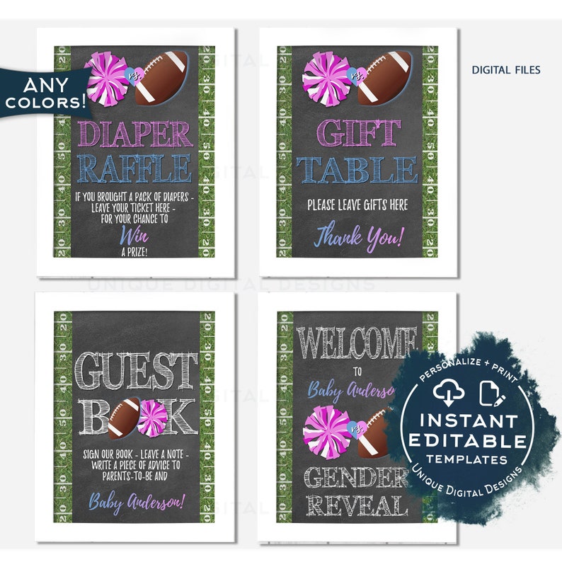 Football Gender Reveal Invitation Kit, Editable Pom Poms or Touchdowns Ticket Invite, He or She Printables, Team Blue Team Pink Baby INSTANT image 6