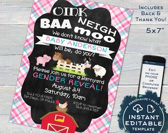 Farm Animal Gender Reveal Invitation, Editable Boy or Girl Baby Shower Invite, Barnyard Bash He or She? Printable Template INSTANT ACCESS