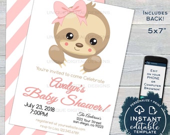 Sloth Baby Shower Invitation, Editable Girls Sloth Baby Shower Invite, Slow Down Baby Sloth, Custom Printable Template INSTANT ACCESS 5x7