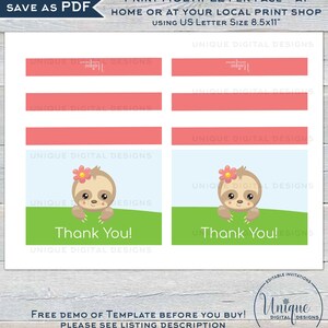 Sloth Thank You Card Editable Sloth Party Printable Birthday - Etsy