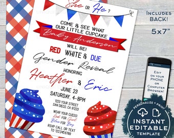 Gender Reveal Invitation, Editable Red White and Due 4th of July Memorial Day Cupcake Baby Shower, July 4th Party Printable INSTANT ACCESS