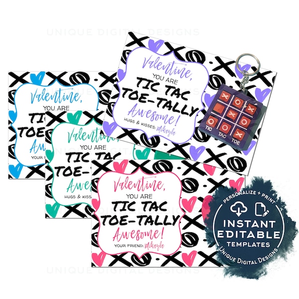 Valentine's Gift Tags, Editable Tic Tac Toe -tally toy, Keychain Valentine Card, Non Candy Kids Class School Teacher Printable Favor INSTANT