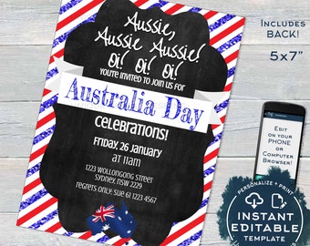 Editable Australia Day Invitation, Aussie Invite Oi Oi 26 January Flag Summer bbq Party, Chalkboard Australia Party INSTANT ACCESS 5x7 A4