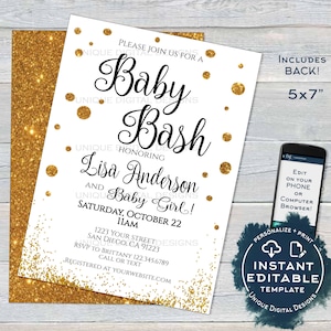 Baby Bash Shower Invitation, Editable Baby Sprinkle Invite, Baby Gold Glitter Champagne, Custom Printable Template INSTANT ACCESS 5x7