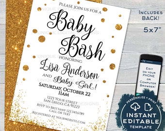 Baby Bash Shower Invitation, Editable Baby Sprinkle Invite, Baby Gold Glitter Champagne, Custom Printable Template INSTANT ACCESS 5x7