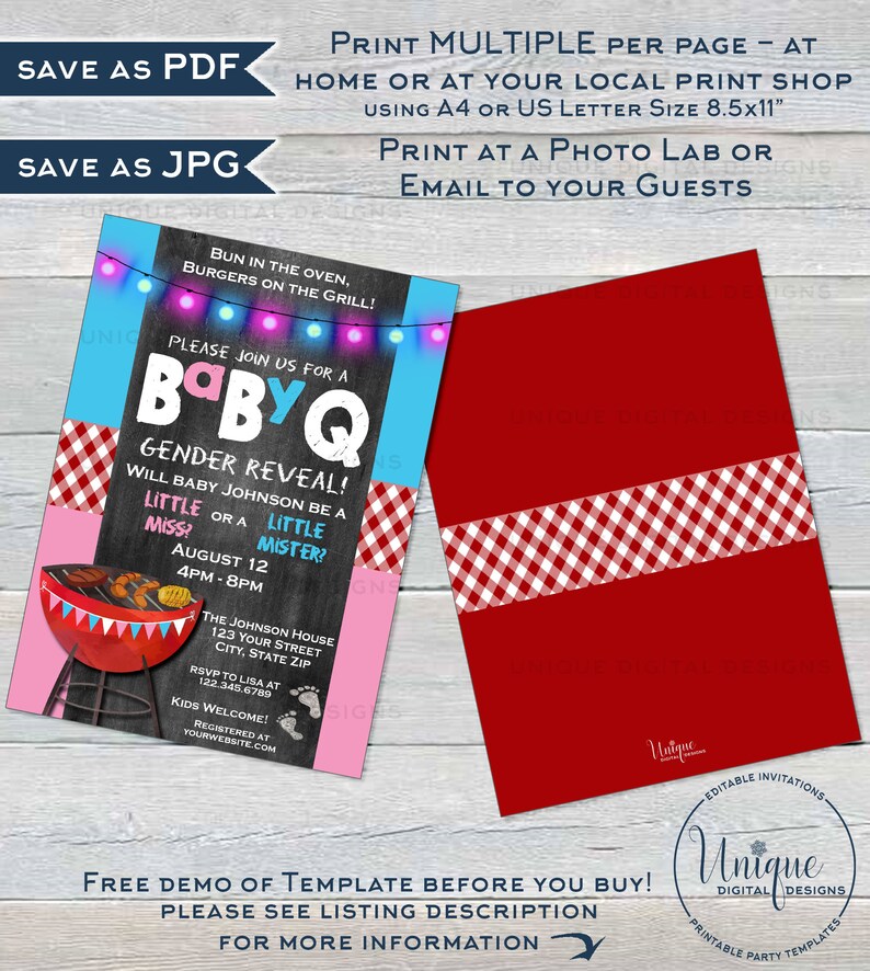 Babyq Gender Reveal Invitation Editable He or She BBQ Pink Etsy
