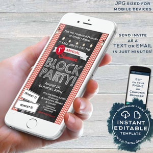 May include: A digital invitation for a summer block party. The invitation is designed to look like a chalkboard with red and white checkered accents. The text on the invitation reads "1st Annual Summer Block Party!" and includes the date, time, and location of the party. The invitation also includes instructions for guests to bring a dish to share and their own drinks and chairs. The invitation is designed to be edited and printed.