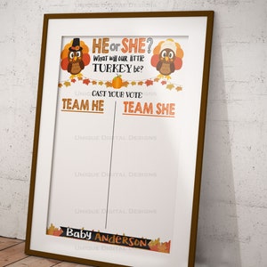 May include: A framed Thanksgiving-themed baby gender reveal sign. The sign features cartoon turkeys, fall leaves, and the text "He or She? What will our little turkey be?" with spaces for "Team He" and "Team She" votes. The bottom banner reads "Baby Anderson."