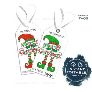 Etiquetas de regalo navideñas editables, etiquetas navideñas personalizadas con texto en inglés "Merry Christmas", etiquetas de regalo para niños con elfo, etiquetas de regalo imprimibles, etiquetas de regalo, ACCESO INSTANTÁNEO