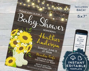 Rustic Sunflower Baby Shower Invitation, Editable Sunflower Invite Rustic Baby Girl Boy Sunflower Theme, Template Printable INSTANT ACCESS