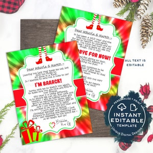 Plantilla de carta de llegada de elfo editable 2022, carta de regreso de Navidad imprimible, elfo de bienvenida, elfo de Navidad de bricolaje, despedida para niños INSTANTÁNEA