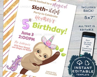 Slothicorn Invitation Unicorn Birthday Party, Gold Glitter Editable Sloth Birthday Magical Sloth-icorn, ANY Age, Printable INSTANT ACCESS