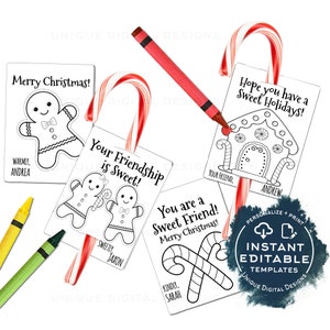 Coloriez l'étiquette de faveurs de Noël de canne en bonbon, cartes de remerciement modifiables de Noël de salle de classe d'enfants, gramme imprimable de sucrerie d'enseignants, bricolage instantané