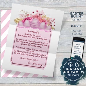 May include: An 8.5 by 11 inch printable Easter bunny letter template with a pink and white striped background. The letter features a pink and gold floral design with a pink Easter egg. The text reads "Dear Mikayla, Thanks for the carrots! I get hungry after hiding so many eggs! The year is sure hopping by quickly isn't it? You have grown so much! I remember when you were just a baby bunny. A little birdie told me that you have been very good! So I hopped by to visit again this Easter to fill your basket with yummy and fun treats! Have a "Hoppy" Easter! E. Bunny"