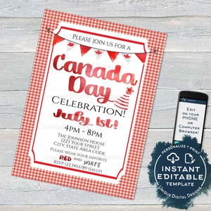 Oh Invitación del Día de Canadá, Invitación editable a la barbacoa del Día de Canadá, Canadá Eh 1 de julio Bandera Celebración de la fiesta de verano Personalizar ACCESO INSTANTÁNEO