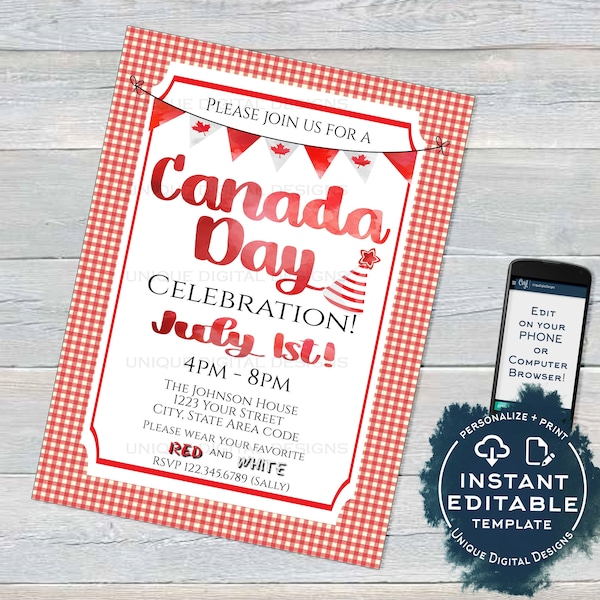 Oh Canada Day Invitation, Editable Canada Day BBQ Invite, Canada Eh July 1 Flag Summer Party Celebration Custom Personalize INSTANT ACCESS