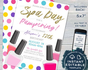 Editable Spa Party, Girls Day Out Invitation, Girls Spa Day Birthday Invite, Any Age, Sleepover Pink Party Printable INSTANT ACCESS 5x7