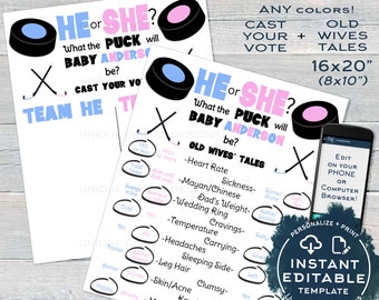 Editable Hockey Gender Reveal Party Old Wife Tales + Cast your Vote Signs, He or She What the Puck will Baby Be Printable INSTANT ACCESS