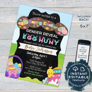 Easter Gender Reveal Invitation, Editable Easter Egg Hunt Baby Invite Baby Shower Hoppy Easter Personalize Custom Printable INSTANT ACCESS