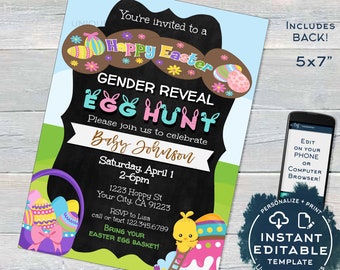 Easter Gender Reveal Invitation, Editable Easter Egg Hunt Baby Invite Baby Shower Hoppy Easter Personalize Custom Printable INSTANT ACCESS