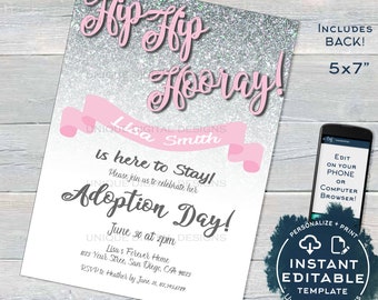 Adoption Day Invitation, Editable Mothers Day New Family Invite, Hip Hip Hooray, Silver Glitter Template Printable Custom INSTANT ACCESS