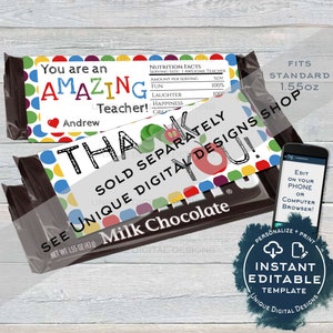 Teacher Appreciation Printable Gift, Editable Candy Bar Wrapper Teacher ...