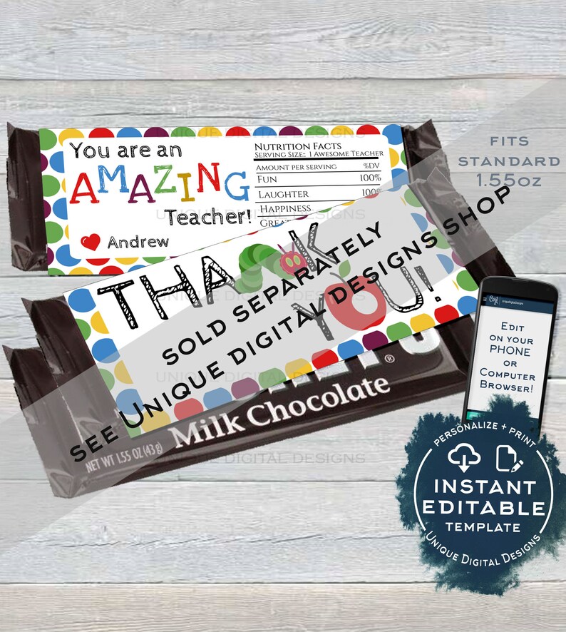 Teacher Appreciation Printable Gift, Editable Candy Bar Wrapper Teacher ...