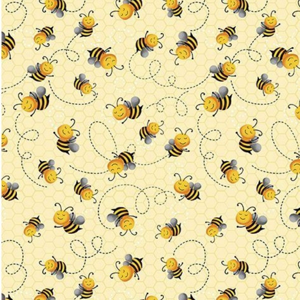 Bumble Bee Fabric - Cute Flying Bee on Yellow by Gail Cadden- 100% COTTON Fabric, Apparel Fabric, Quilt Fabric by the Yard or Select Length